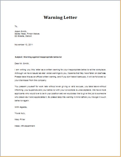 warning letter  inappropriate behavior lettering job cover letter