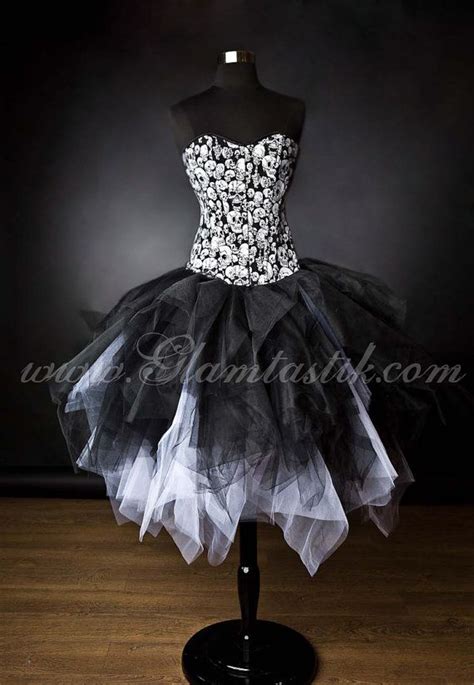 custom size white  black skulls  tulle burlesque prom dress witch costume