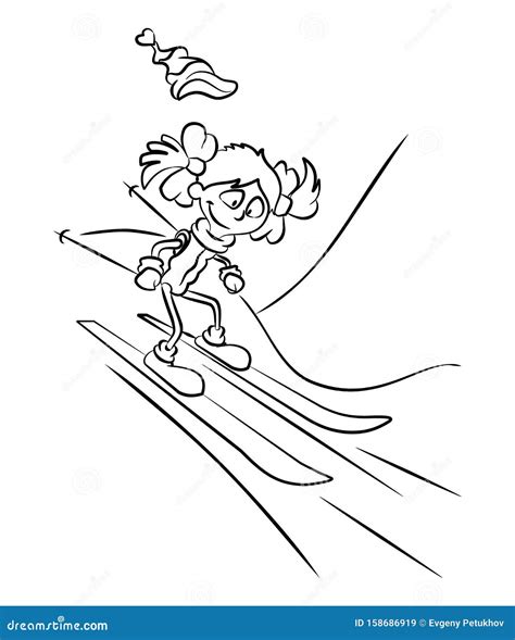 vector illustration coloring page young girl skiing stock vector