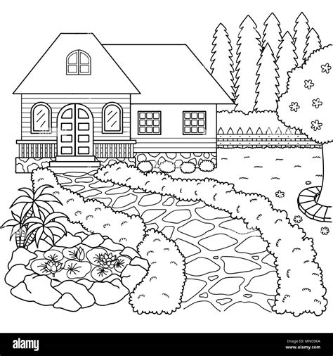 hand drawn beautiful house  garden  design element  coloring