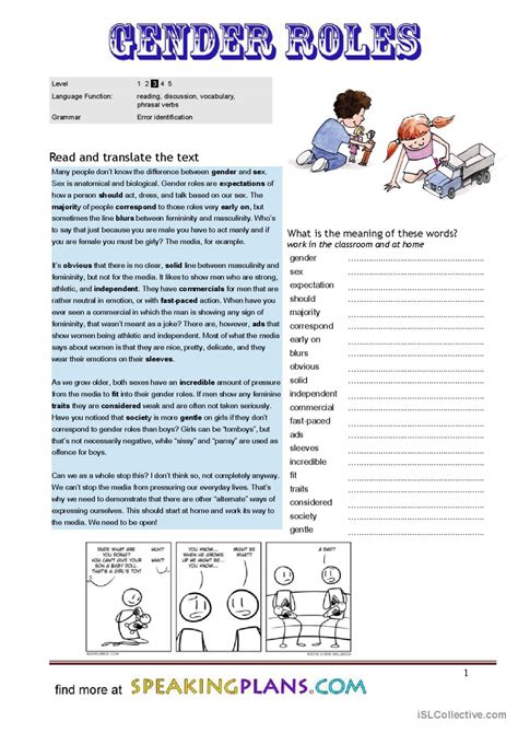 gender roles english esl worksheets pdf and doc