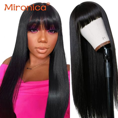 human hair straight wig with bang full machine made wig body wave