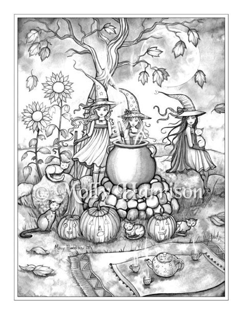 witchy brew cute witches grayscale coloring page molly etsy