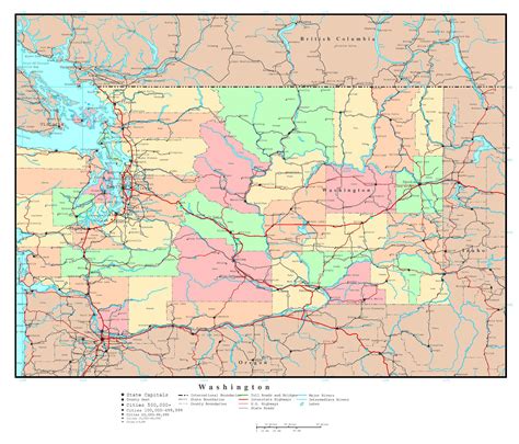 laminated map large detailed administrative map  washington state  roads highways