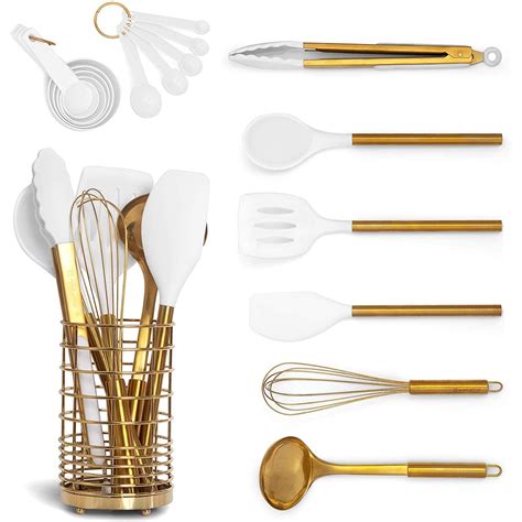 white silicone  gold cooking utensils set  gold utensil holder