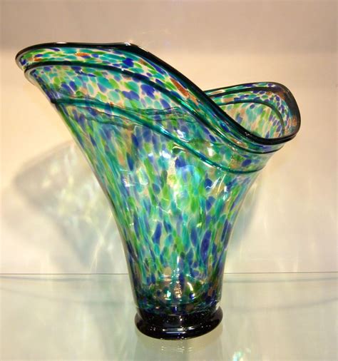 New 15 Hand Blown Glass Murano Art Style Vase Blue Green Fluted Italian