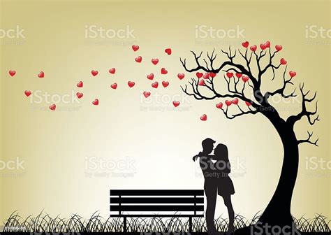 Dating Couple Silhouette Under Love Tree Stock