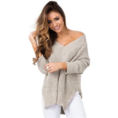 autumn winter sweater women v neck long sleeve side pullovers slit