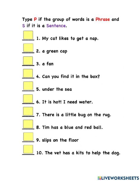 phrase  sentence worksheet  worksheets