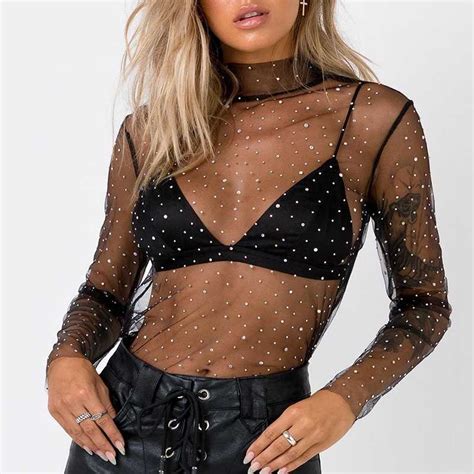 chic sparkle embellished sheer mesh sequin top tees sunifty