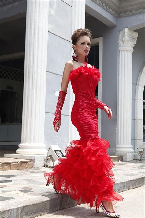 stuning mermaid strapless red organza ruffle feather evening prom dress