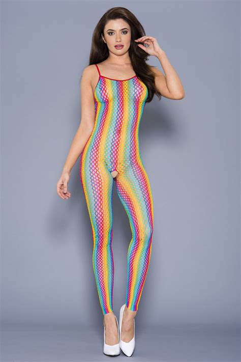 legs spaghetti straps rainbow fishnet crotchless bodystocking