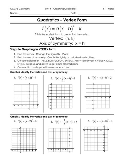 graphing quadratics  vertex form worksheet ivuyteq