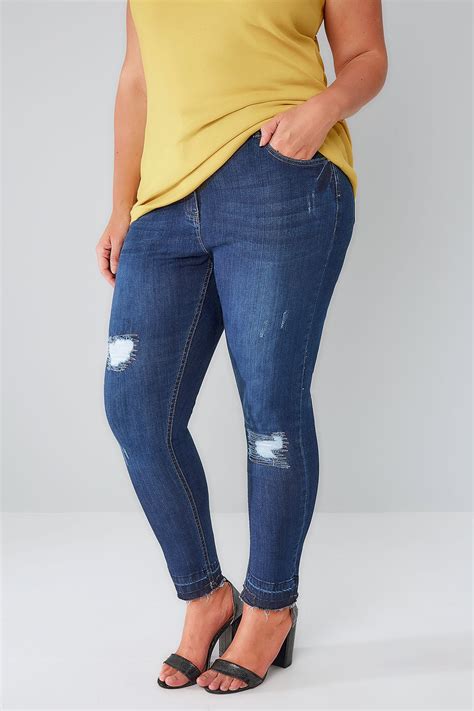 Indigo Rip And Repair Skinny Ava Jeans With Raw Cuffs Plus