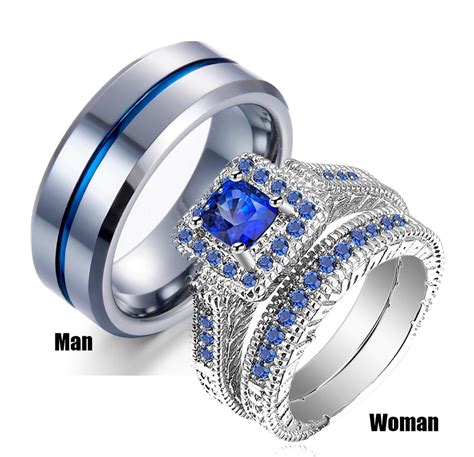 couples ring sets womens white gold filled blue stone cz