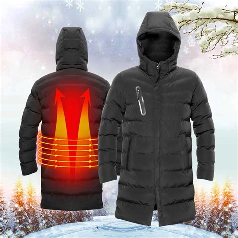 smart thermostatic electric heating long windproof jacket overcoat heater cotton men winter warm