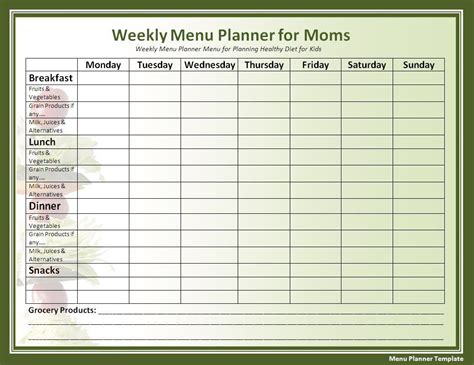 sample menu planner  word templates