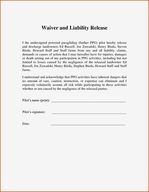 impressive release  liability form template     liability waiver general