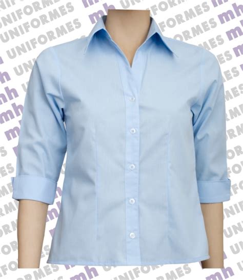 camisa social feminina manga 3 4 azul clara mh uniformes