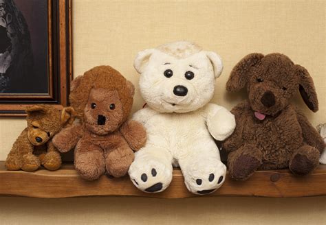 stock photo  row  assorted soft plush toys   shelf