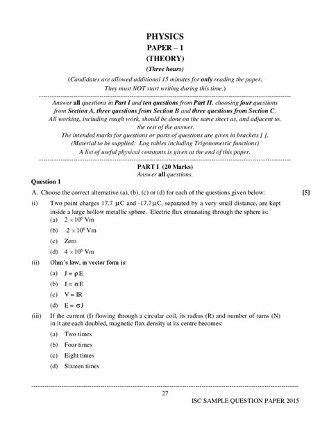 Download Isc Sample Question Papers For Class 12 Physics Pdf Online By