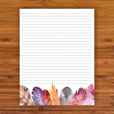 printable lined writing paper colorful feathers   etsy