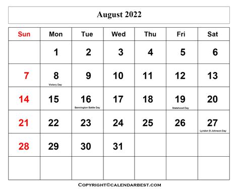printable august calendar   holidays