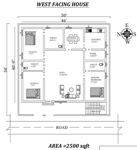 autocad drawing file shows  fully furnished west facing bhk house plan   vasthu