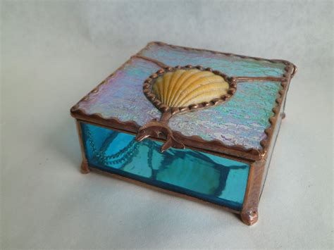 Turquoise Blue Stained Glass Shell Jewelry Box With Dolphin Etsy