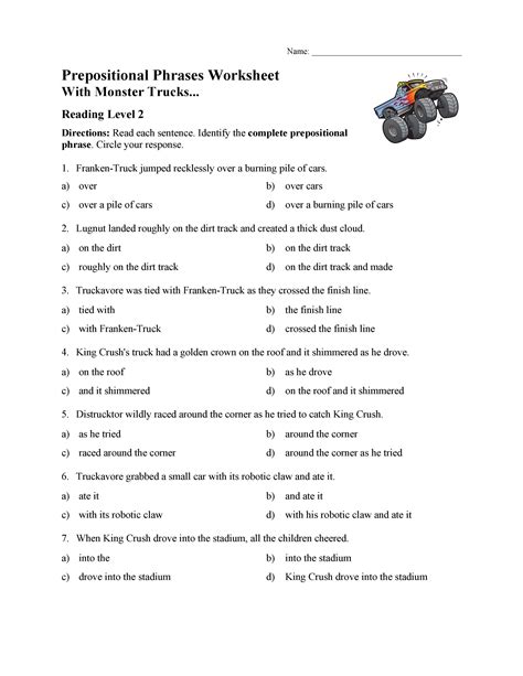 prepositional phrases worksheet  monster trucks parts  speech