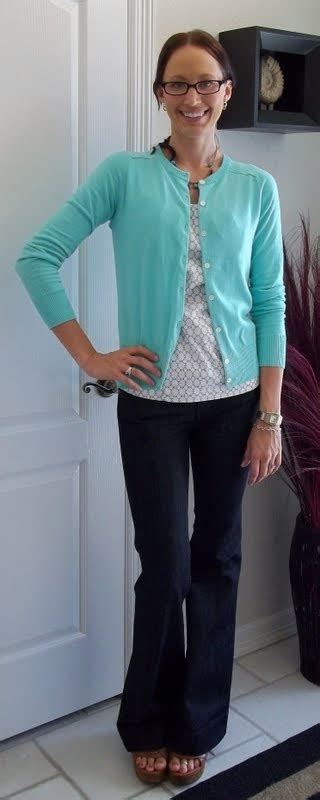 outfit posts teal cardigan grey polkadot blouse trouser jeans