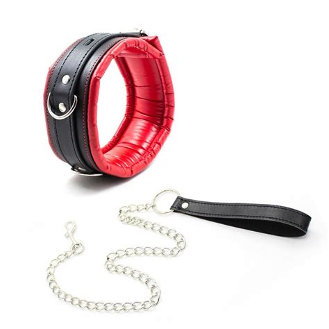bdsm sex collar black and red soft leather buckle chain traction bdsm