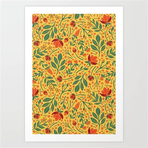 yellow orange red teal light floral pattern art print  somecallmebeth society