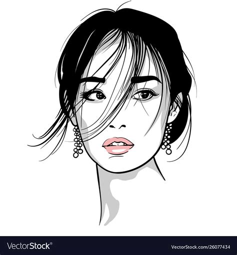 asian girl portrait black and white ink royalty free vector