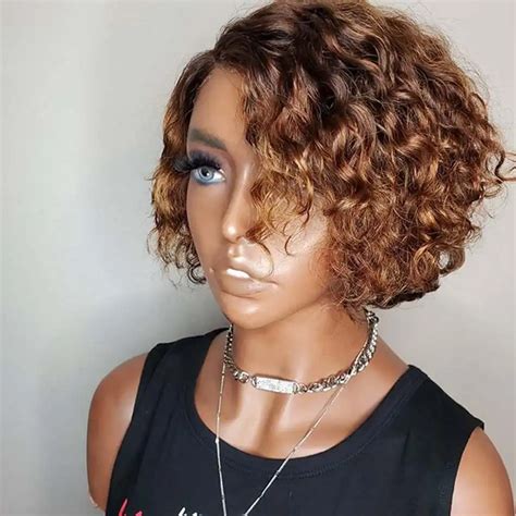 short bob natural highlight color curly human hair wigs summer style density  lace front