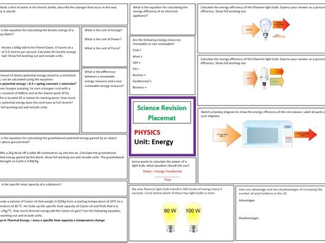 energy revision sheet  aqa gcse combined science trilogy includes