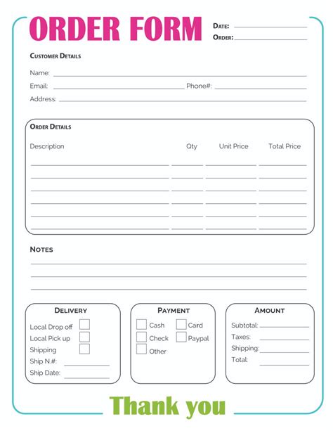 small business  printable order forms printable templates