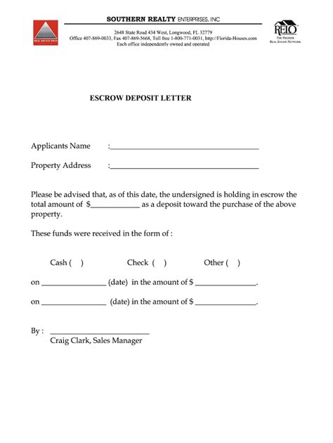 escrow letter  deposit form fill   sign printable