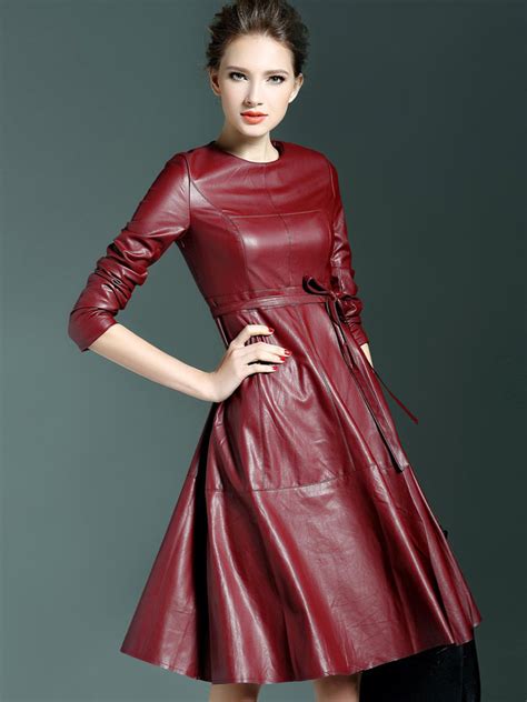 Win Red Round Neck Long Sleeve Tie Waist Leather Dress Romwe Red