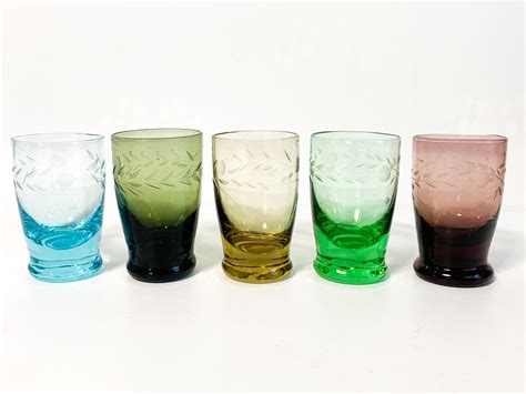 5 Vintage Etched Cordial Multi Colored Glasses 5 Etched Hand Blown