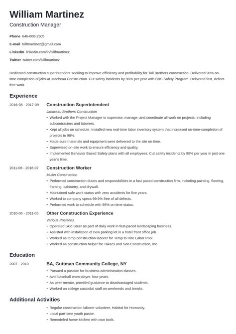 construction worker resume examples template skills