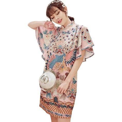 women vintage flower print short qipao cheongsam summer pink chiffon