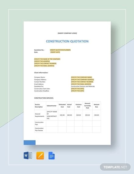 construction quotation templates  word apple pages