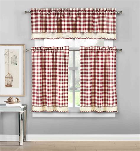 piece plaid checkered gingham kitchen curtain set  cotton  valance  tier panels