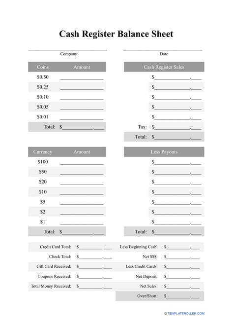 printable cash register balance sheet printable templates