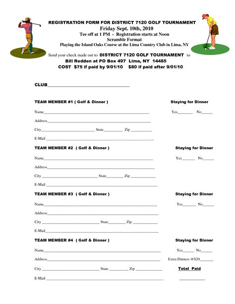 printable golf tournament registration form template printable