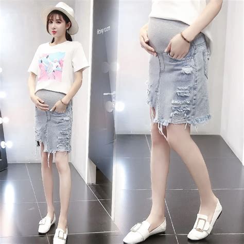 korean washed edge maternity jeans skirt summer ripped hole denim