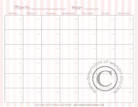 printable monthly calendar   dimensions