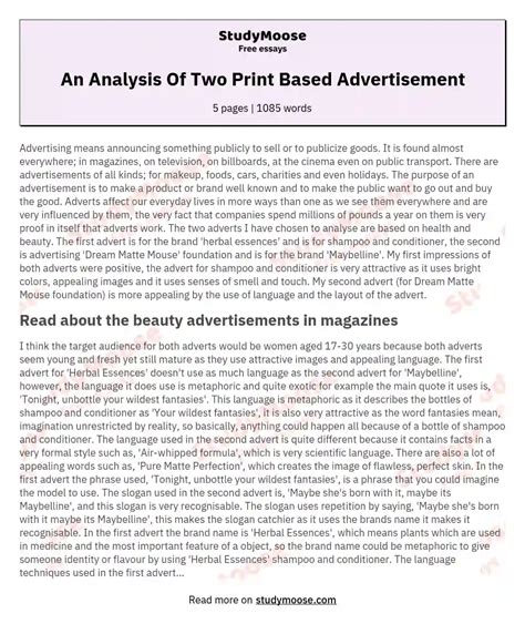 analysis   print based advertisement  essay