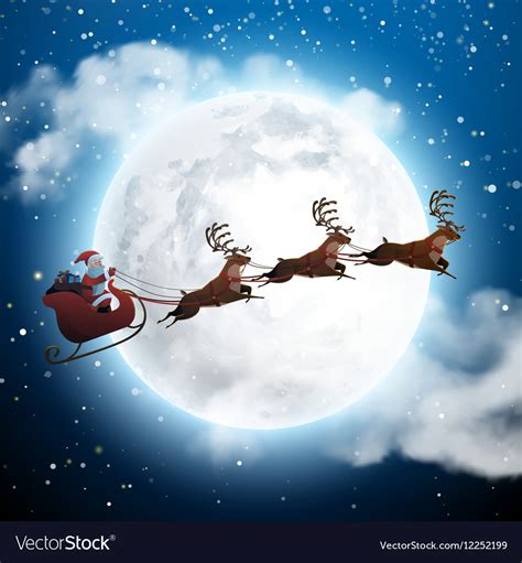 santa claus flying   sleigh  deer  night vector image